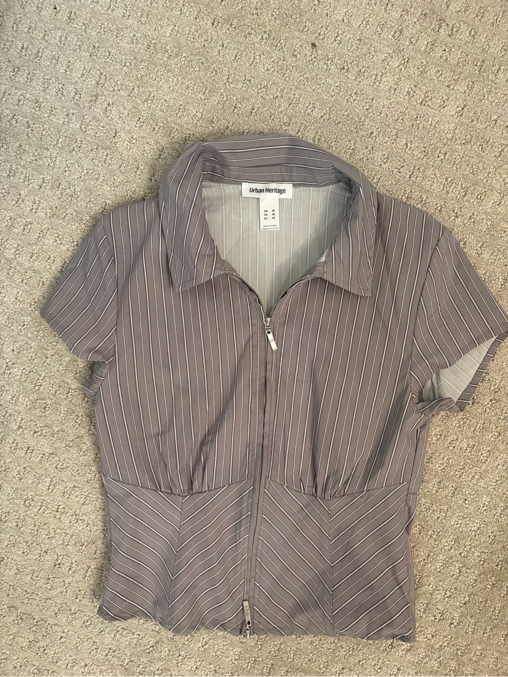 Urban Heritage Pinstripe Zip-Front Short Sleeve Top - Mauve Gray